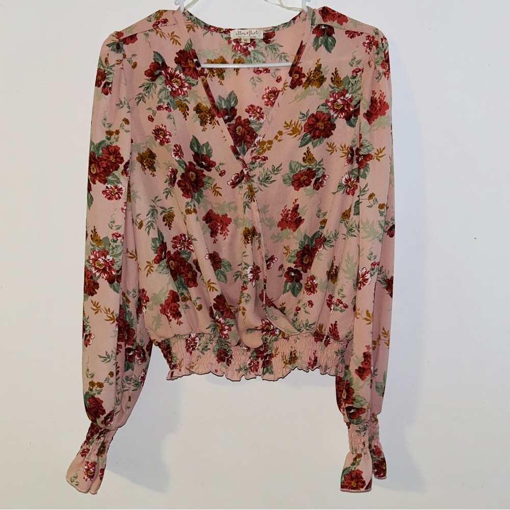 Floral Print Long Sleeve Blouse Pink XL